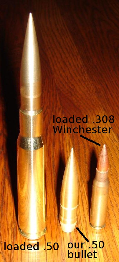 .50 projectile standing with a .50 round and a.308 Winchester cartridge